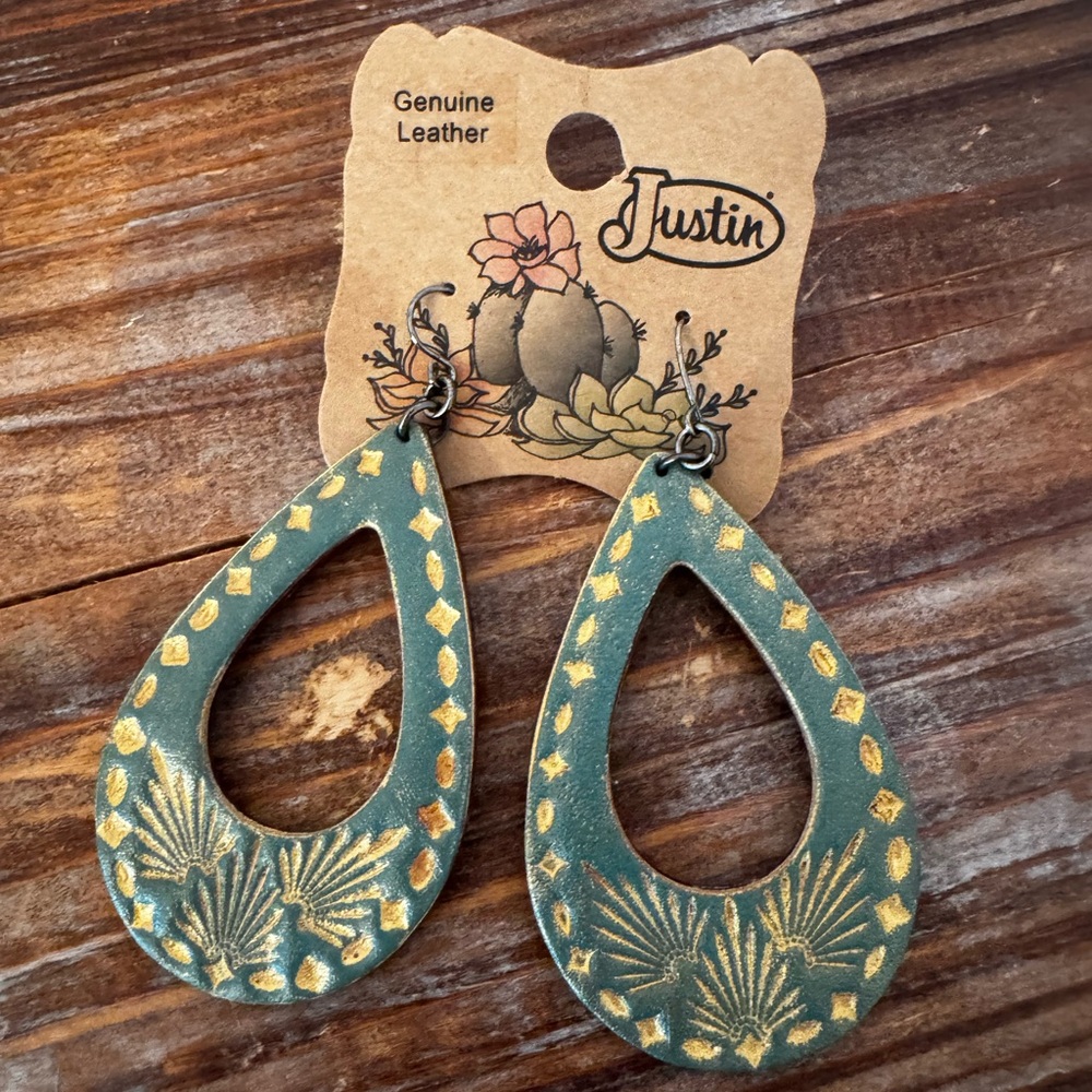 Justin Boots Western Teal and Gold Genuine Tooled Leather Earrings NEW